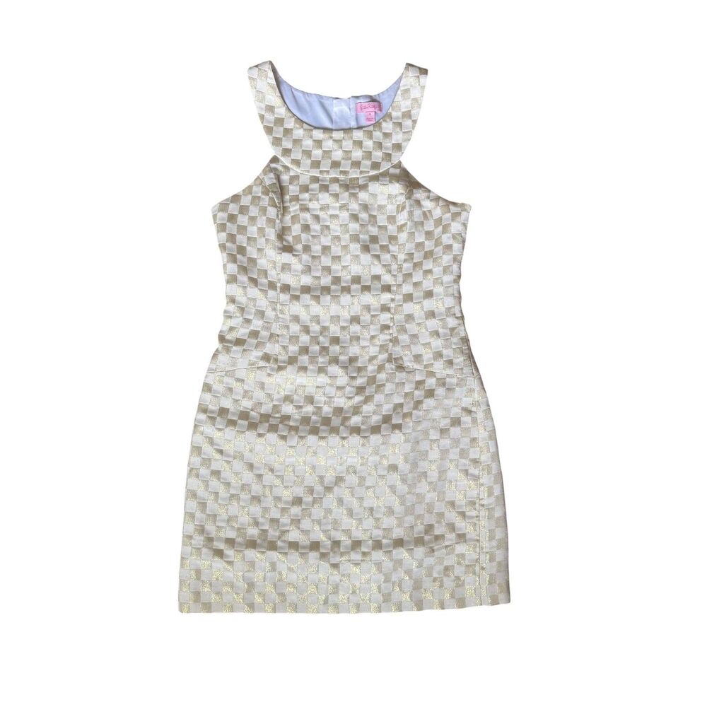 Lilly Pulitzer Jepson Metallic Gold Cream Checkered High Neck Dress Size 0